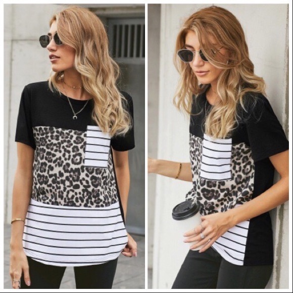 Tops - LAST 2‼️NEW‼️LEOPARD STRIPED POCKET T-SHIRT- top